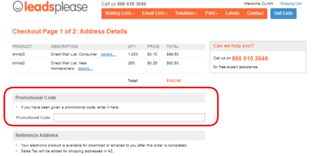 LeadsPlease Promotional Code should be entered in the 'Promotional Code' box at Checkout.